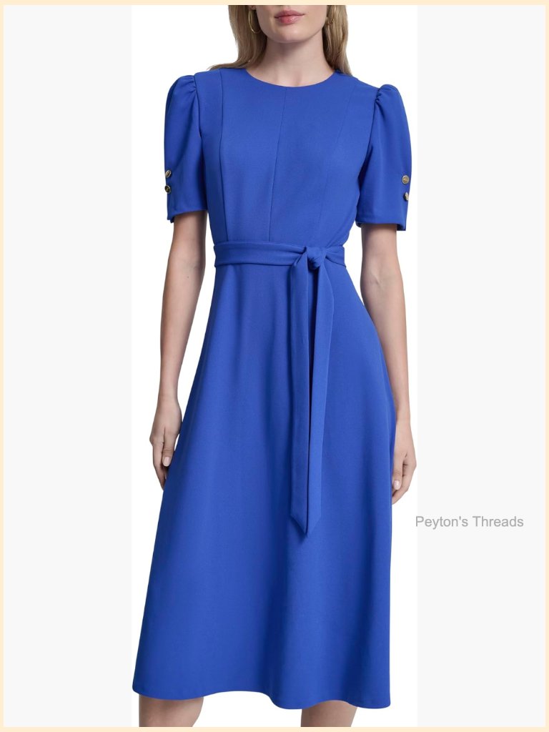 Jewel Neck Puff Short Sleeve Faux Wrap Midi Dress